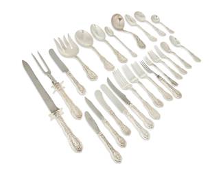 405
A Gorham sterling silver 'Mythologique' flatware service
20th century
Each marked for sterling and for Gorham Mfg. Co.
Comprising 12 dinner forks, 12 luncheon forks, 12 salad forks, 12 cocktail forks, 12 dessert forks, 12 fruit forks, 12 game forks, 12 dinner knives, 12 luncheon knives, 12 butter knives, 12 fruit knives, 12 game knives, 12 large table spoons, 12 soup spoons, 12 round soup spoons, 12 bouillon spoons, 12 iced tea spoons, 12 kidney-form spoons, 24 teaspoons, 1 gravy ladle, 1 fish serving fork, 1 berry/casserole spoon, 1 master butter knife, 1 carving fork, and 1 carving knife, personalized
246 pieces
Largest: 14" L
Weighable sterling: 292 oz. troy approximately
Estimate: $7,000 - $9,000
