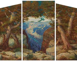 251
A 20th Century American School Triptych
View into the Grand Canyon, 1929
Oil on canvas
Signed indistinctly and dated in the lower edge of the left panel: J D Knapp 29
Overall: 44" H x 65" W (irreg.)
Estimate: $8,000 - $12,000