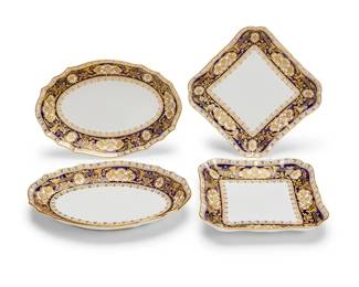 284
Four Copeland Spode porcelain serving dishes
Late 19th century
Various factory marks and gilt printed retailer: Manufactured for Osler Designers, London; painted pattern: R2461
Each with raised gilt tooled decoration and cobalt blue rims
4 pieces
Two oval: 11.5" W; Two square: 8.5" W x 8.25" D
Estimate: $300 - $500