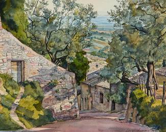 194
Luigi Lucioni
(1900-1988)
"Italian Garden," 1955
Watercolor and ink on paper
Signed and dated lower right: Luigi Lucioni 1955; titled by repute
Sight: 8.75" H x 11" W
Estimate: $1,500 - $2,500