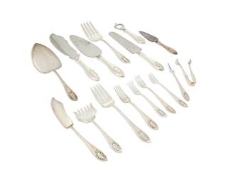 187
A Shreve & Co. sterling silver 'Napoleonic' flatware service
Earl/mid-20th century
Each marked for Shreve & Co. and for sterling
Designed 1905, comprising 12 dinner forks, 12 luncheon forks, 12 salad/dessert forks, 11 cocktail forks, 12 ice cream forks, 12 dinner knives, 12 luncheon knives, 6 fruit knives, 11 flat-handle butter knives, 12 soup spoons, 12 bouillon spoons, 24 teaspoons, 6 five o'clock teaspoons, 12 demitasse spoons, 6 iced tea spoons, 12 miscellaneous serving spoons, 16 miscellaneous serving pieces, 3 graduated carving forks, and 3 graduated carving knives, personalized
206 pieces
Largest: 14.75" L
Weighable sterling: 166.3 oz. troy approximately
Estimate: $3,000 - $5,000