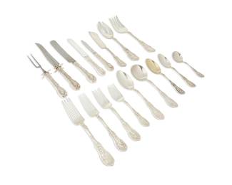 25
A Gorham sterling silver 'Mythologique' flatware service
20th century
Each marked for sterling and for Gorham Mfg. Co.
Comprising 12 dinner forks, 12 luncheon forks, 8 salad forks, 12 dessert forks, 12 dinner knives, 12 luncheon knives, 10 fruit knives, 12 soup spoons, 12 round soup spoons, 12 bouillon spoons, 24 teaspoons, 1 sugar spoon, 1 slotted serving spoon, 1 serving fork, 1 master butter knife, 1 carving fork, and 1 carving knife, personalized
144 pieces
Largest: 9.875" L
Weighable sterling: 180.9 oz. troy approximately
Estimate: $3,000 - $5,000