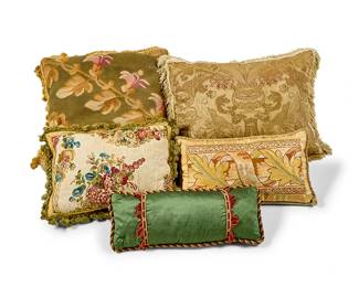 120
Five tapestry upholstered pillows
19th/20th century
Comprising four tapestry pillows and a satin fabric neck pillow, each with passementerie trim
5 pieces
Largest: 15" H x 22" W x 9" D; Smallest: 20.5" L
Estimate: $300 - $500