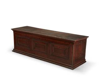 48
A Continental marquetry-inlaid walnut blanket chest
18th century
The lidded chest with bands of marquetry, with iron mounts, revealing an interior fitted with a small compartment or 'till', the interior later lined in a moiré fabric
23" H x 69.5" W x 22" D
Estimate: $1,000 - $1,500