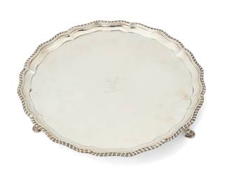 393
A Victorian sterling silver footed tray
1895
Marked for sterling, for London, and with date mark; maker's mark: Carrington & Co.
With a gadrooned and scalloped edge and a central engraved armorial of a stag
1.5" H x 12.25" Dia.
26.7 oz. troy approximately
Estimate: $500 - $700