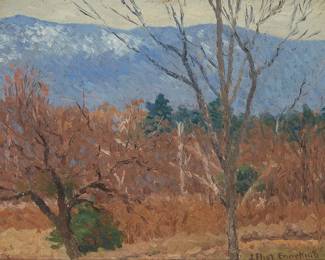 192
Joseph Eliot Enneking
(1881-1942)
"Snow on the Mountain," 1924
Oil on canvas laid to board
Signed lower right: J. Eliot Enneking; signed again, titled, dated, and inscribed "For Gloucester Society of Artists / Kearsarge, N.H. / May 1924," verso; alternatively titled "Moat Mountain Range" (crossed out in three places), as well as "Moat Mountain, N.H.," verso
8" H x 10.125" W
Estimate: $1,000 - $1,500
