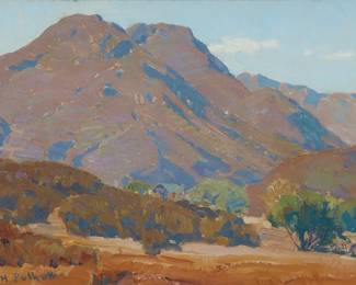 32
Hanson Duvall Puthuff
(1875-1972)
"Monarch of the Malibu"
Oil on canvas laid to board
Estate stamp signature lower left: H. Puthuff; estate stamped again and indistinctly inscribed in pencil, all verso; titled by repute
12.125" H x 16" W
Estimate: $3,000 - $5,000
