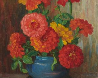 200
Alice Brown Chittenden
(1859-1944)
"Bouquet of Zinnias" (Still life with zinnias in a blue pot)
Oil on canvas laid to canvas
Signed lower right: Alice B. Chittenden; titled in another hand on the frame's backing board.
Canvas: 17.75" H x 13.75" W; Stretcher: 17.875" H x 14.25" W
Estimate: $600 - $800