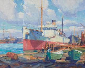 100
Joe Duncan Gleason
(1881-1959)
"Fitting out the S.S. Chapas, Craig Shipyard, Long Beach, Cal."
Oil on canvas
Signed lower right: Duncan Gleason; titled in pencil on the stretcher bar
16.25" H x 20.25" W
Estimate: $4,000 - $6,000