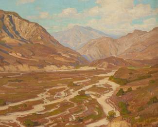 61
William Wendt
(1865-1946)
"The Arroyo Sunland (Dry Arroyo)," 1914
Oil on canvas laid to cardboard
Signed and dated lower right: 1914 William Wendt; signed again and titled in pencil on the stretcher bar, verso; alternatively titled "Dry Arroyo" from the documents affixed to the frame's backing board
25.25" H x 30.25" W
Estimate: $12,000 - $18,000