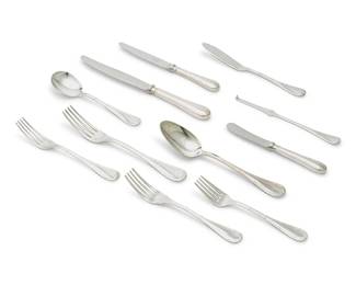 180
A Christofle silver-plated 'Rubans' flatware service
Late 20th/early 21st century
Each marked for Christofle
Comprising 24 of each: dinner forks, salad forks, dessert forks, cheese forks, dinner knives, butter knives, cheese knives, fish knives, table spoons, bouillon spoons, and cocktail picks
264 pieces
Estimate: $1,500 - $2,500