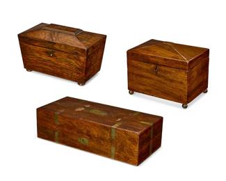 151
Three English wood boxes
19th century
Comprising two Regency tea caddies, one rosewood, one mahogany and a brass-mounted mahogany hinged box with velvet interior fitted for a pistol
3 pieces
Largest: 4" H x 14.5" W x 6.5" D; Smallest: 5.75" H x 8.625" W x 5.25" D
Estimate: $300 - $500