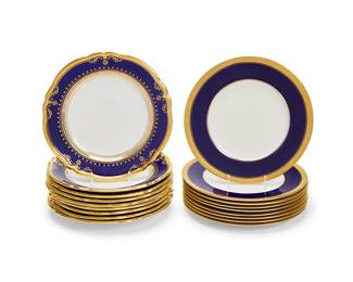 343
Two sets of English porcelain cobalt-rimmed dessert plates
Late 19th/early 20th century
The first with green Copeland Spode factory mark and red printed retailer: Gilman Collamore & Co. / New York; red painted pattern: R614; the second with blue Royal Worcester factory mark and retailer: The Dulin & Martin Co. / Washington, D.C.; red painted pattern: C2327
Comprising a set of nine Copeland Spode porcelain 8.875" dessert plates with scalloped gilt rims, and a set of nine Royal Worcester porcelain 9" dessert plates with gilt rims
18 pieces
Estimate: $400 - $600