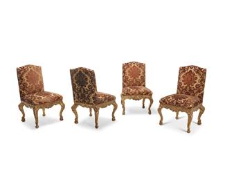 365
A set of George III-style giltwood side chairs
20th century
Each with burgundy and cream brocade upholstery
4 pieces
Each: 40" H x 25" W x 25" D
Estimate: $700 - $900