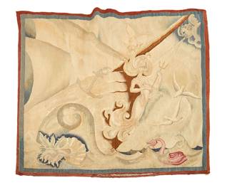 227
After Anna Zinkeisen
1901-1976
Sailing ship with figurehead and sea creatures, circa 1930s
Wool tapestry
Signed to the weave, a small panel depicting a stylized sailing ship with a mermaid figurehead holding a trident
46" H x 50" W
Estimate: $700 - $900
