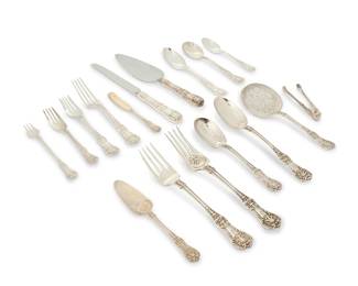 12
A Tiffany & Co. sterling silver 'English King' flatware service
Each marked for Tiffany & Co.
Comprising 17 dinner forks, 12 salad forks, 12 pastry forks, 12 cocktail forks, 18 dinner knives, 12 butter knives, 12 soup spoons, 12 round soup spoons, 24 teaspoons, and 8 serving pieces, personalized
139 pieces
Largest serving piece: 10.25" L
Weighable sterling: 223.445 oz. troy approximately
Estimate: $7,000 - $9,000