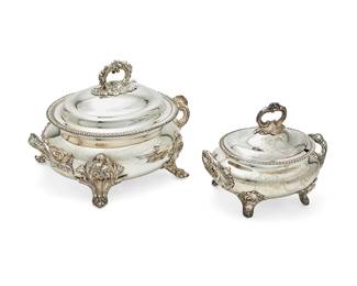 16
Two English silver-plated soup tureens
19th century
One with Sheffield marks
Comprising two footed covered tureens, one with shell-form handles, the other with foliate-form handles, each lid with gadrooned rim
2 pieces
Larger: 11" H x 15" W x 10.5" D; Smaller: 9" H x 11" W x 7.5" D
Estimate: $300 - $400