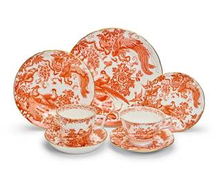 147
A Royal Crown Derby porcelain 'Red Aves' part dinner service
Date codes for 1958-94
Each with various red printed factory mark above pattern name and number (A.74), and date code
Comprising twelve 10.5" dinner plates, twelve 8.5" salad plates, twelve 6.25" bread and butter plates, twelve 8.5" soup bowls, ten oversized cups with ten saucers, and six breakfast cups with four dished saucers
78 pieces
Estimate: $2,000 - $3,000