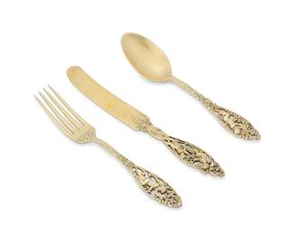 22
A Dominick & Haff gilt sterling silver 'Labors of Cupid' flatware service
Early/mid-20th century
Each marked for Dominick & Haff and for sterling
Designed 1900, comprising 12 dinner forks, 10 dinner knives, and 11 soup spoons
33 pieces
Largest: 8" L
Weighable sterling: 66.1 oz. troy approximately
Estimate: $1,200 - $1,800