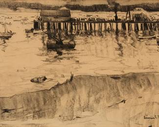 64
Armin Carl Hansen
(1886-1957)
Pier at Monterey, 1916
Charcoal on paper
Signed and dated in charcoal lower right: Armin C. Hansen / '16
Sheet: 16.5" H x 24.625" W
Estimate: $3,000 - $5,000