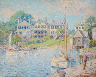 193
Colin Campbell Cooper
(1856-1937)
"Edgartown Harbor - Edgartown, MA," 1915
Oil on canvas laid to board
Signed and dated lower left: Colin Campbell Cooper 1915; titled on the frame plaque; alternatively titled "At Edgartown, Martha's Vineyard"
29.25" H x 36.25" W
Estimate: $20,000 - $30,000