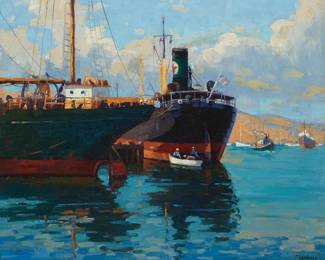 101
Ferdinand Kaufmann
(1864-1942)
"San Pedro Harbor" (Carriers of Commerce, Los Angeles Harbor)
Oil on canvas laid to waxed canvas
Signed lower right: F. Kaufmann; titled by repute
25" H x 30" W
Estimate: $4,000 - $6,000
