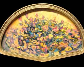 John Robert Willer Original Impressionistic Floral Artwork in Ornate Crescent Frame Rare Find 