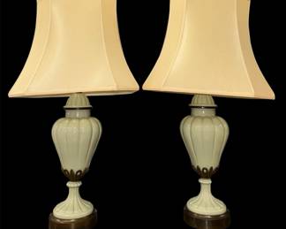 Two Vintage Keeder Green Ceramic Brass Table Lamps with Shades 35 Tall