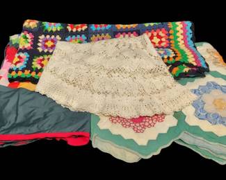 Charming Vintage Textiles HandStitched Quilt, Afghan, and Crocheted Tablecloth