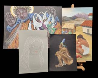 Collection of Diverse Artworks MidCentury Painting and Striking Chalk Drawings