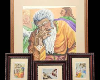 Striking Original Painting Possibly Abraham with Three Sistine Chapel Prints