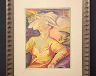Vibrant J. Olvera 2008 Original Painting Elegant Portrait in Yellow and Orange 