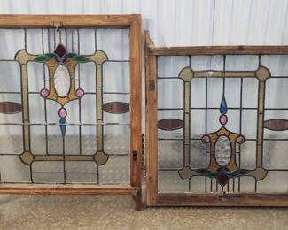 Pair of Colorful Antique Style Stained Glass Windows with Matching Design 