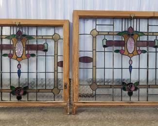 Stunning Pair of Architectural Stained Glass Windows with Floral Motif
