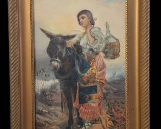 Girl with Donkey Original Painting in Ornate Antique Wood Frame