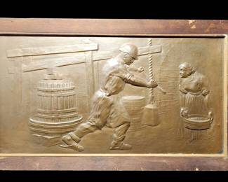 004 Impressive Large Framed BasRelief Copper Sculpture  Rustic Working Scene