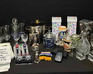 Connoisseurs Collection of Bar Necessities  Featuring Vintage Steins, Elegant Glassware, and Essen