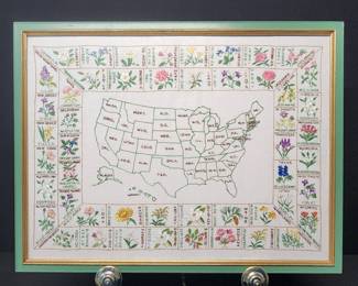 Exquisite HandStitched US State Flowers Map  Framed Folk Art Handmade by Nancy A. Byron