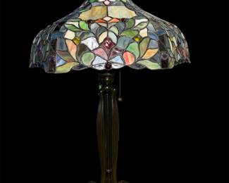 Rare Find Beautiful TiffanyStyle Stained Glass Lamp with Imposing Bronze Base