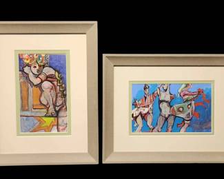 Pair of Unique Eclectic Artworks by Julie Kahn Valentine Custom Framed