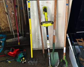rakes, hoes, hedge trimmers, weed eaters, blowers, tools