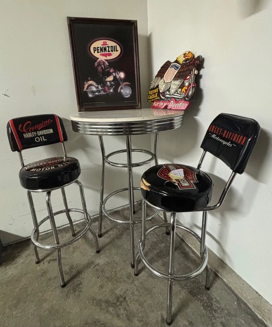 001 Harley Davidson Bar Stools And Vintage Wall Art