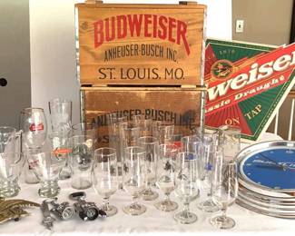 Anheuser Busch Collection Crates, Signage, Clock, Trivet, Glassware , Misc Bar Wares