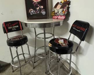 001 Harley Davidson Bar Stools And Vintage Wall Art