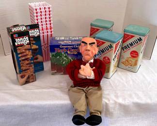 Walter Jeff Dunham Character Doll, Herb Garden, Jenga,Vtg Cracker Containers, Popcorn Containers