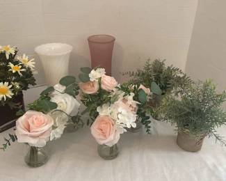 Milk Glass Vase, Frosted Pink Glass Vase, Artificial Roses In Vases And More