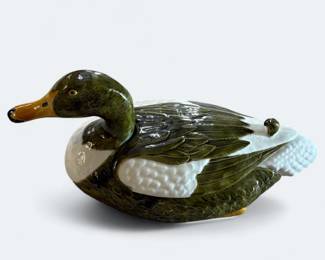 Vintage Portuguese Palissy Majolica Large Mallard Lidded Decorative Bowl