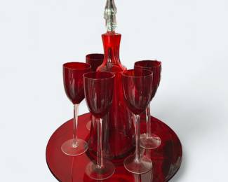 MCM Cranberry Decanter with Glasses