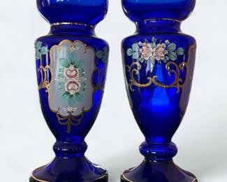 Vintage "Hut Jakub Tasice 1796" Handmade Cobalt Blue Vases