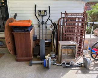 CONSOLE TV (MAKES GREAT PET HOUSE) IMAGE ELLIPTICAL EXCERCISE MACHINE, VINTAGE METAL BABY BED